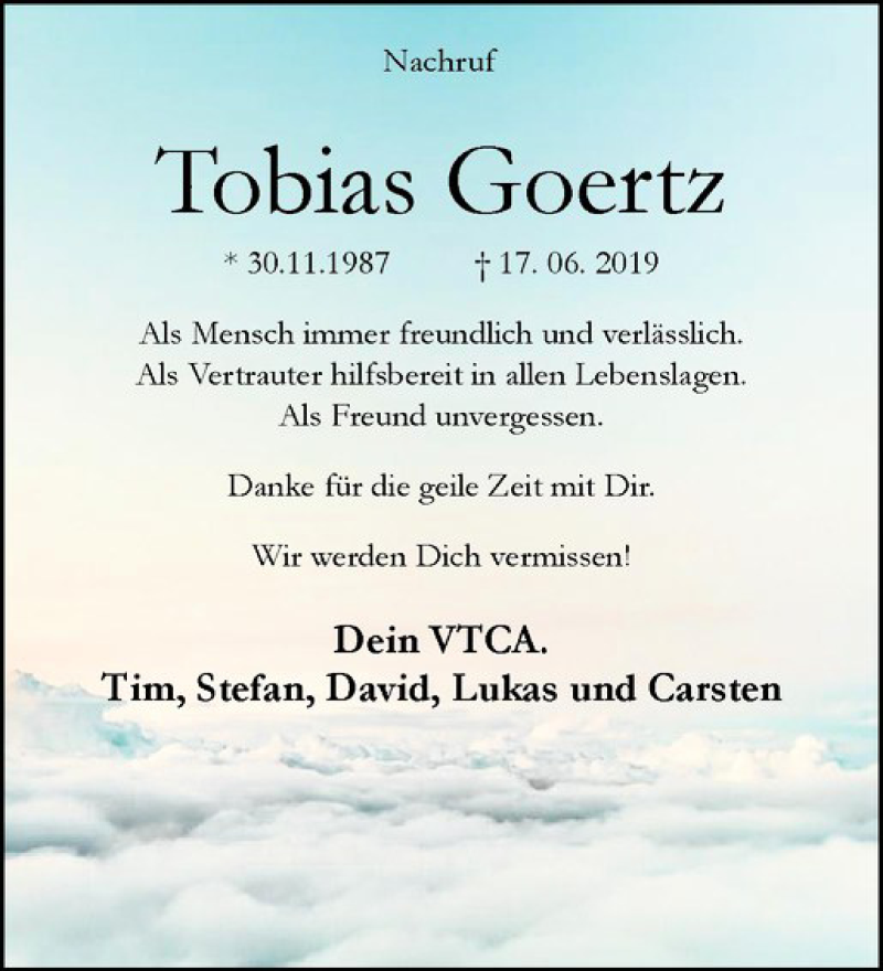  Traueranzeige für Tobias Goertz vom 06.07.2019 aus Westfälische Nachrichten