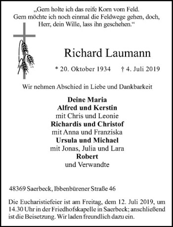 Anzeige von Richard Laumann von Westfälische Nachrichten