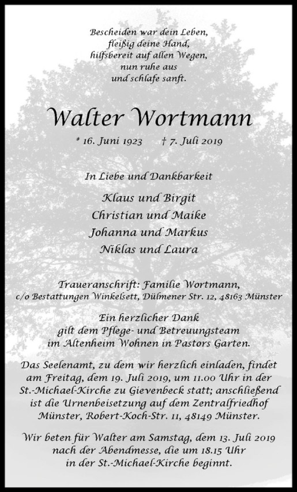  Traueranzeige für Walter Wortmann vom 10.07.2019 aus Westfälische Nachrichten