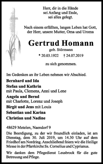 Anzeige von Gertrud Homann von Westfälische Nachrichten