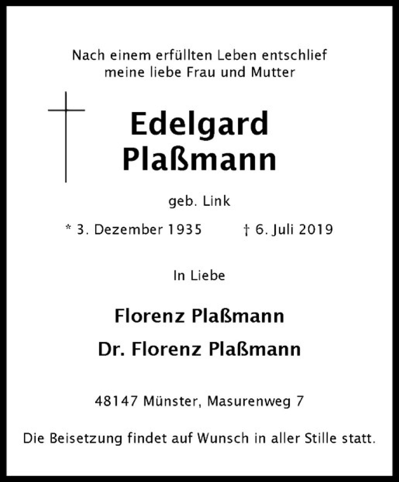  Traueranzeige für Edelgard Plaßmann vom 10.07.2019 aus Westfälische Nachrichten
