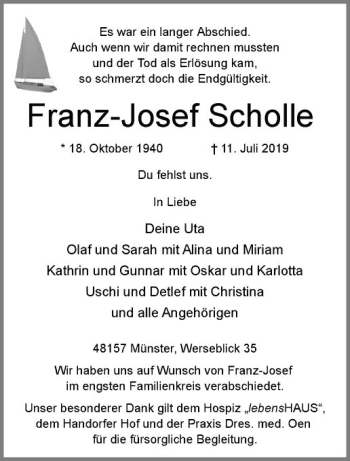 Anzeige von Franz-Josef Scholle von Westfälische Nachrichten