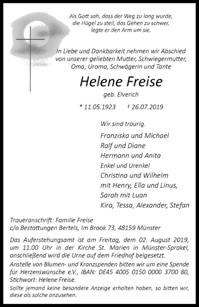  Traueranzeige für Helene Freise vom 30.07.2019 aus Westfälische Nachrichten