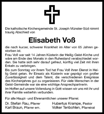 Anzeige von Elisabeth Voß von Westfälische Nachrichten