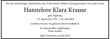 Anzeige von Hannelore Klara Krause von Westfälische Nachrichten