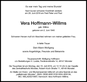 Anzeige von Vera Hoffmann-Willms von Westfälische Nachrichten