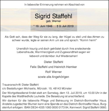 Anzeige von Sigrid Staffehl von Westfälische Nachrichten