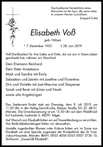 Anzeige von Elisabeth Voß von Westfälische Nachrichten