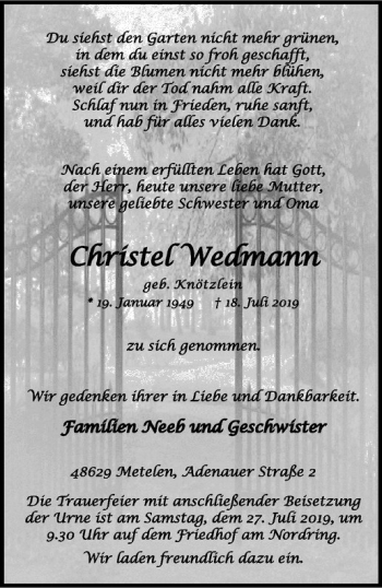Anzeige von Christel Wedmann von Westfälische Nachrichten