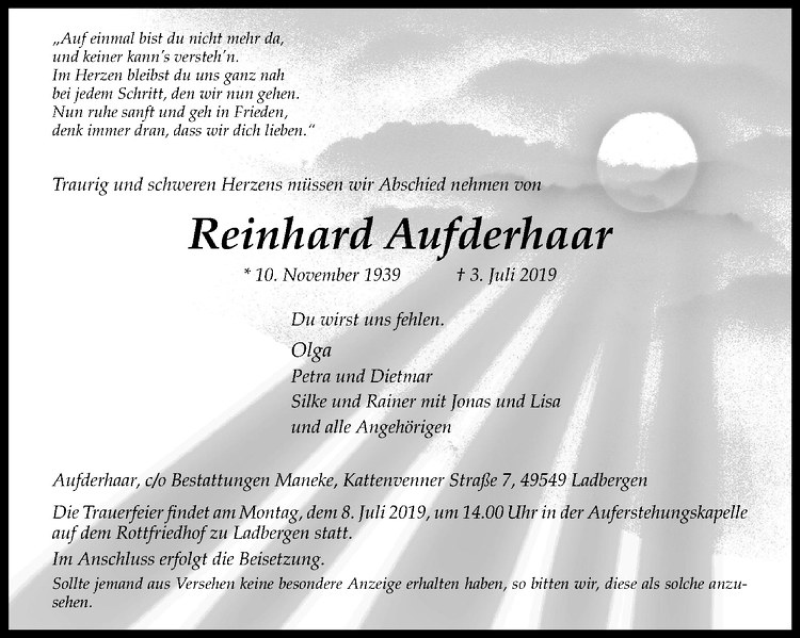  Traueranzeige für Reinhard Aufderhaar vom 06.07.2019 aus Westfälische Nachrichten