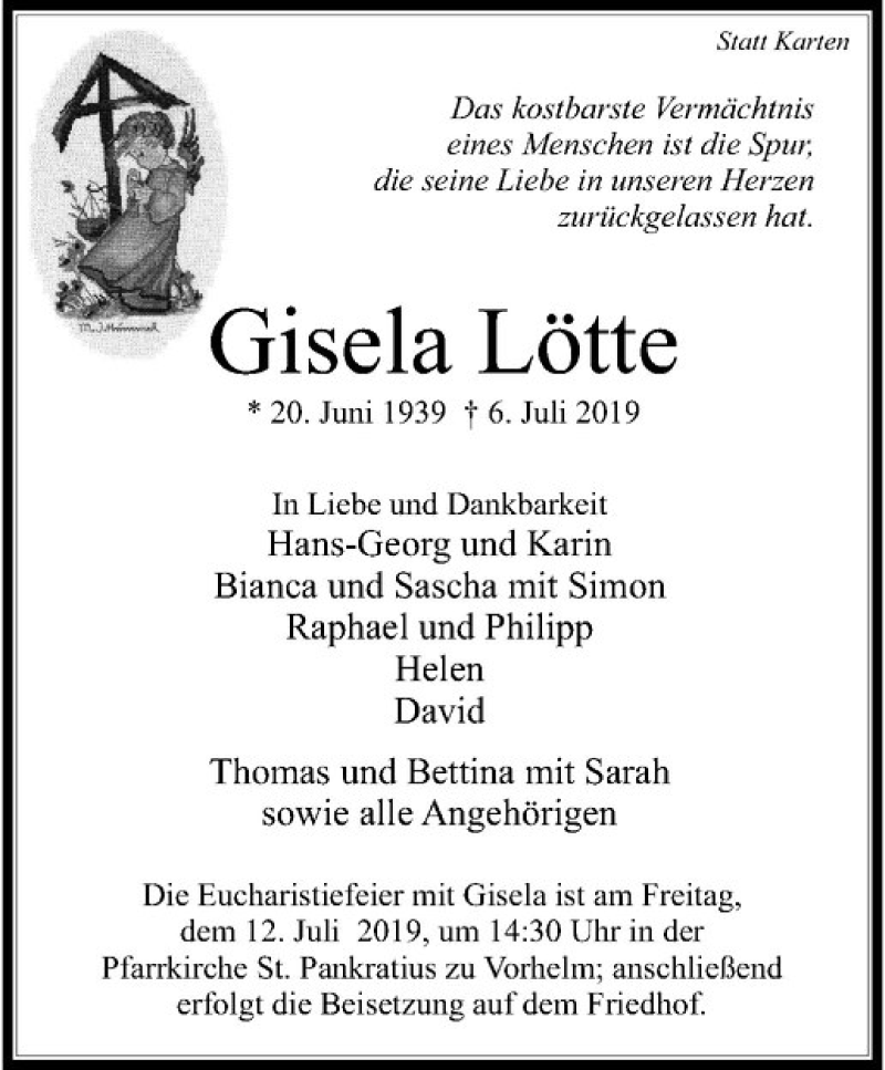  Traueranzeige für Gisela Lötte vom 09.07.2019 aus Westfälische Nachrichten