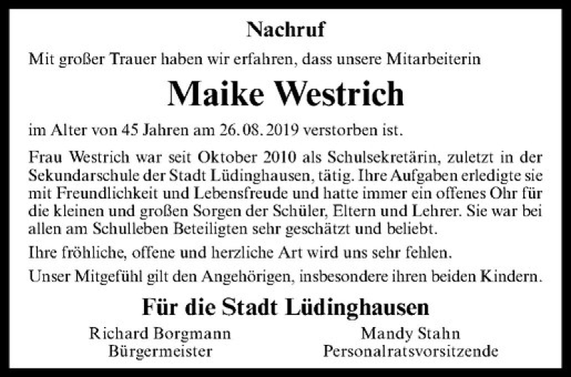  Traueranzeige für Maike Westrich vom 06.07.2019 aus Westfälische Nachrichten
