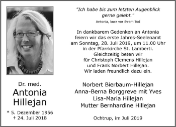 Anzeige von Antonia Hillejan von Westfälische Nachrichten