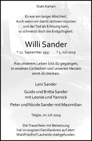 Anzeige von Willi Sander von Westfälische Nachrichten