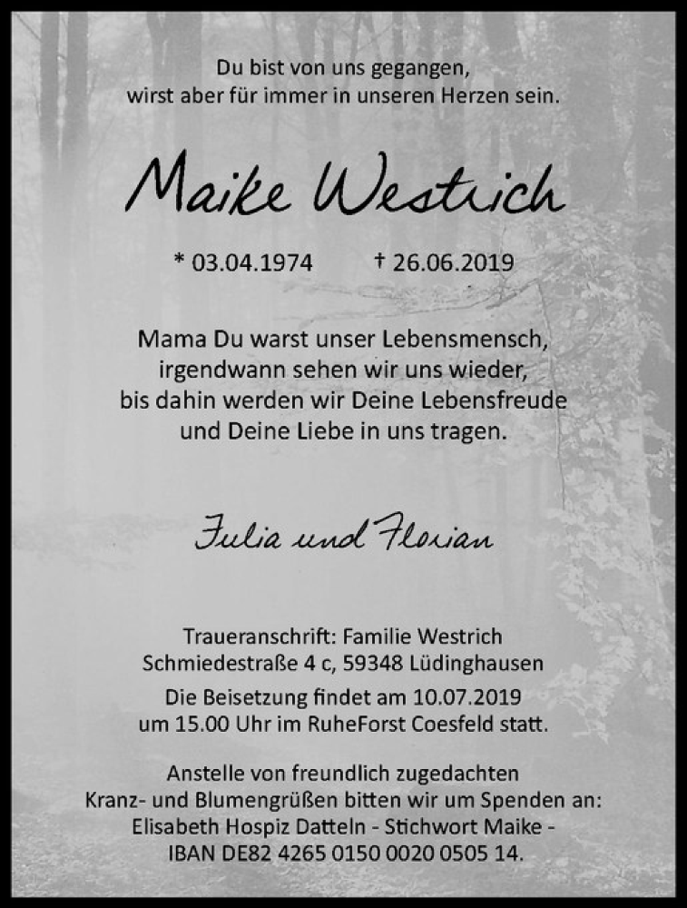  Traueranzeige für Maike Westrich vom 04.07.2019 aus Westfälische Nachrichten