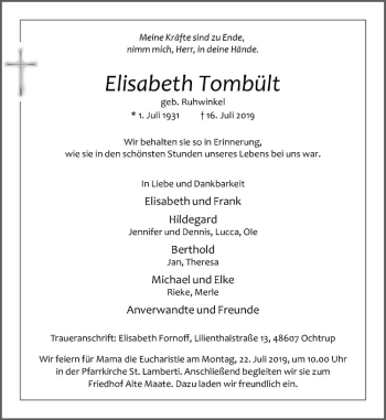 Anzeige von Elisabeth Tombült von Westfälische Nachrichten