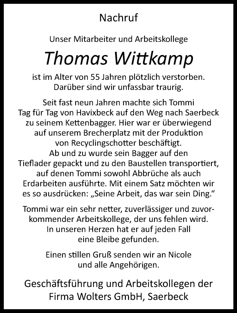  Traueranzeige für Thomas Wittkamp vom 28.05.2019 aus Westfälische Nachrichten
