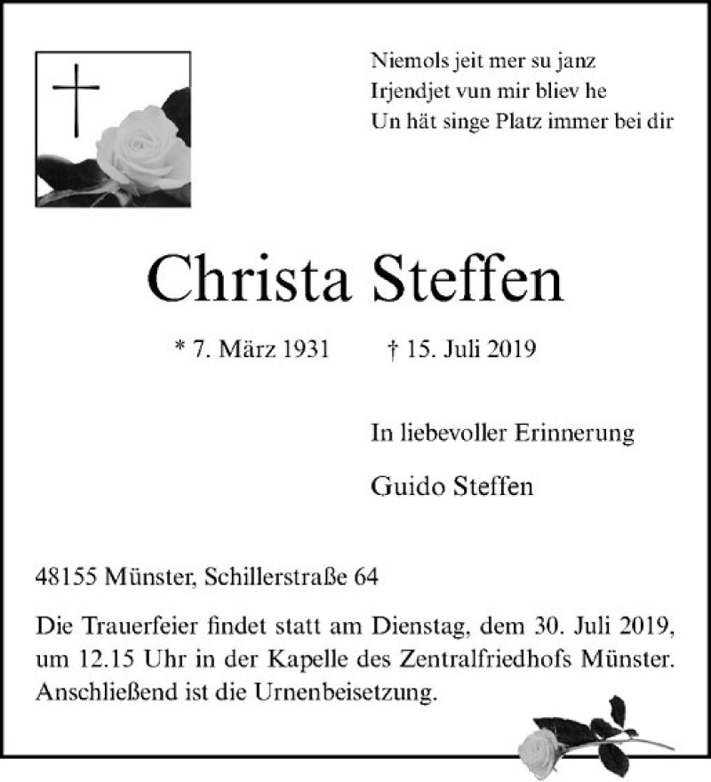  Traueranzeige für Christa Steffen vom 20.07.2019 aus Westfälische Nachrichten