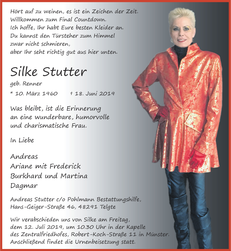  Traueranzeige für Silke Stutter vom 06.07.2019 aus Westfälische Nachrichten