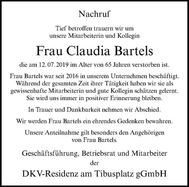  Traueranzeige für Claudia Bartels vom 24.07.2019 aus Westfälische Nachrichten
