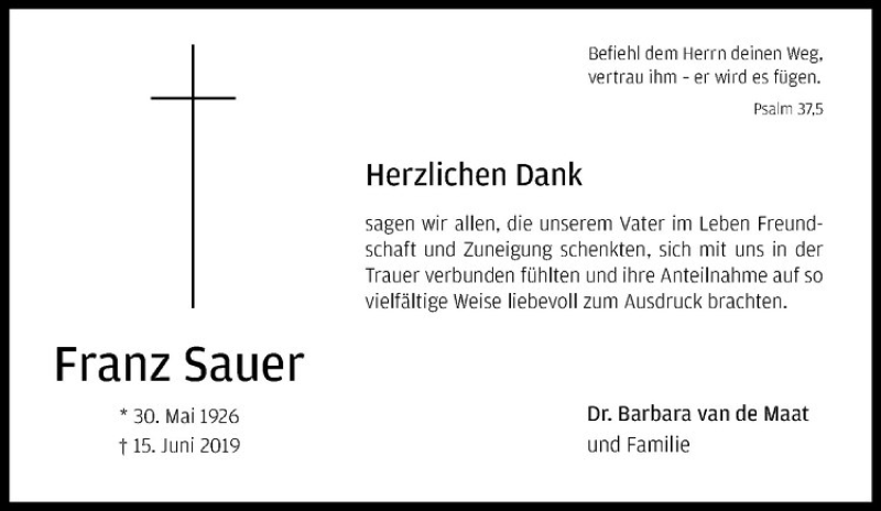  Traueranzeige für Franz Sauer vom 27.07.2019 aus Westfälische Nachrichten