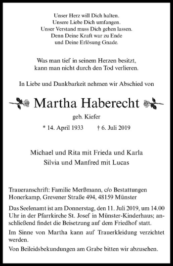 Anzeige von Martha Haberecht von Westfälische Nachrichten