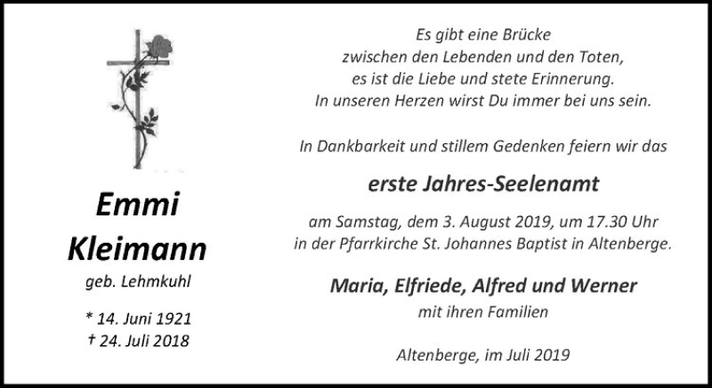  Traueranzeige für Emmi Kleimann vom 27.07.2019 aus Westfälische Nachrichten