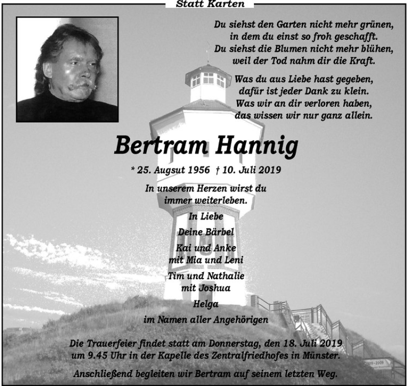  Traueranzeige für Bertram Hannig vom 13.07.2019 aus Westfälische Nachrichten