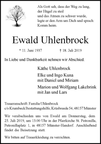 Anzeige von Ewald Uhlenbrock von Westfälische Nachrichten