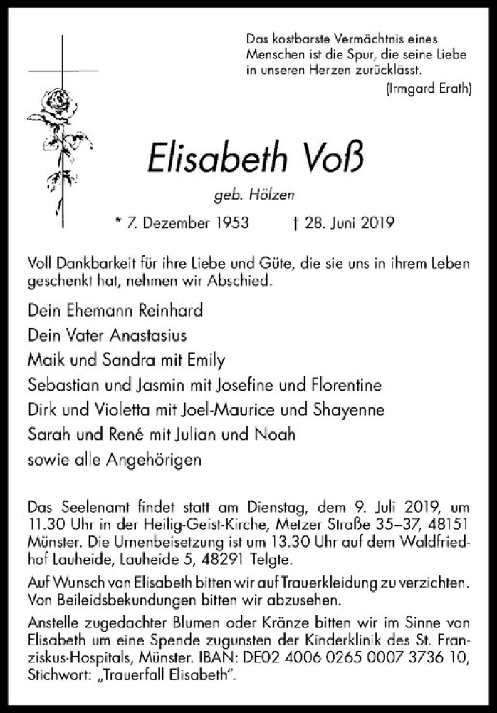  Traueranzeige für Elisabeth Voß vom 05.07.2019 aus Westfälische Nachrichten