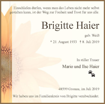Anzeige von Brigitte Haier von Westfälische Nachrichten