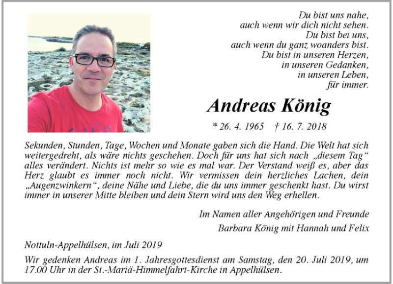  Traueranzeige für Andreas König vom 13.07.2019 aus Westfälische Nachrichten