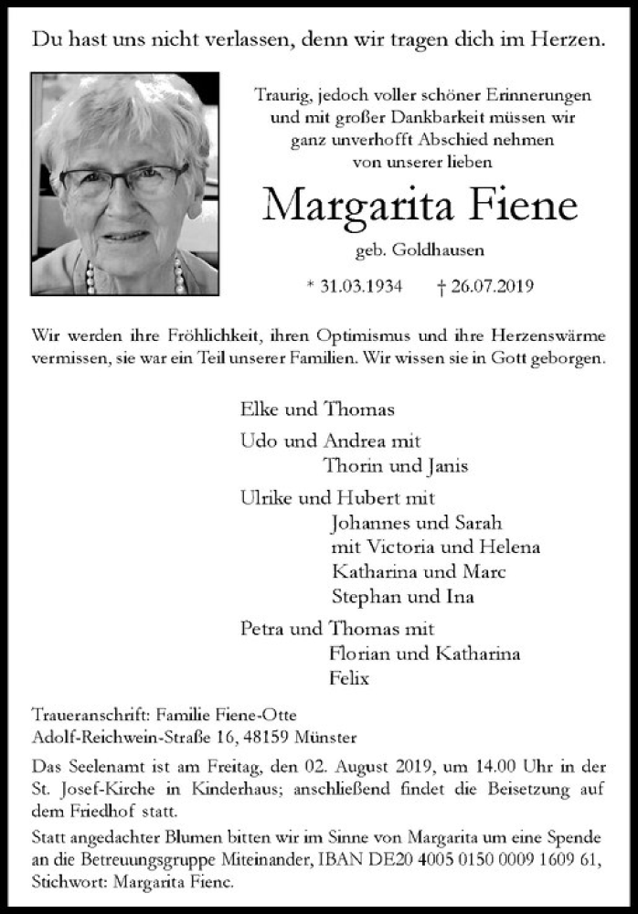  Traueranzeige für Margarita Fiene vom 31.07.2019 aus Westfälische Nachrichten