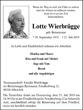 Anzeige von Lotte Wierbrügge von Westfälische Nachrichten