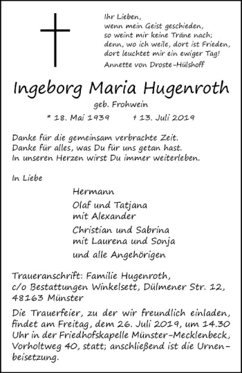 Anzeige von Ingeborg Maria Hugenroth von Westfälische Nachrichten