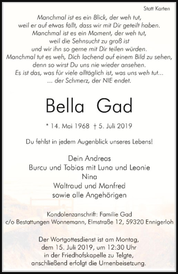 Anzeige von Bella Gad von Westfälische Nachrichten