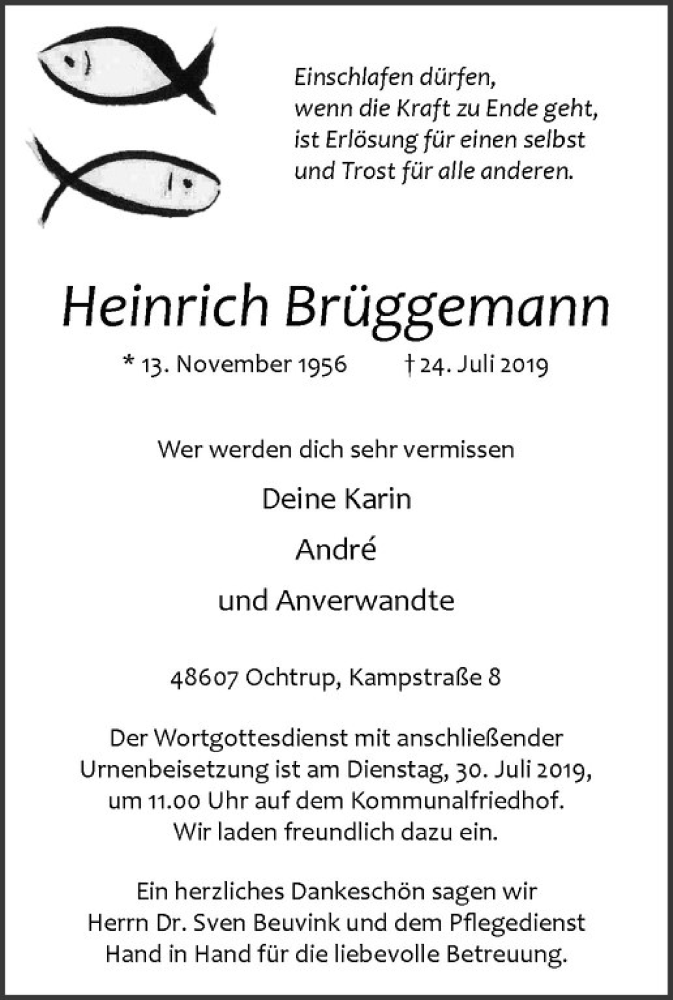  Traueranzeige für Heinrich Brüggemann vom 26.07.2019 aus Westfälische Nachrichten