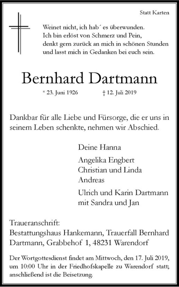  Traueranzeige für Bernhard Dartmann vom 16.07.2019 aus Westfälische Nachrichten