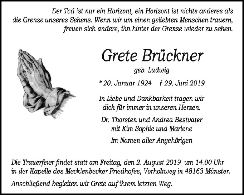  Traueranzeige für Grete Brückner vom 27.07.2019 aus Westfälische Nachrichten