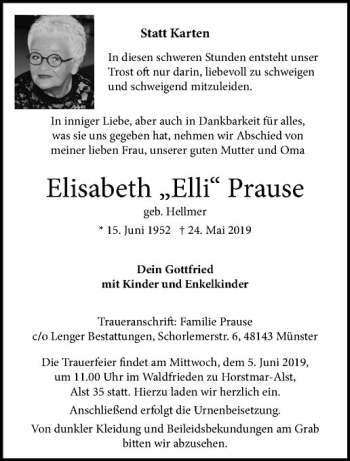 Anzeige von Elisabeth Prause von Westfälische Nachrichten