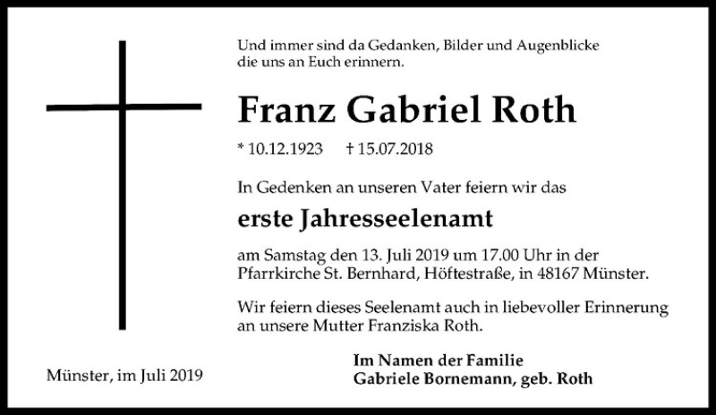  Traueranzeige für Franz Gabriel Roth vom 06.07.2019 aus Westfälische Nachrichten