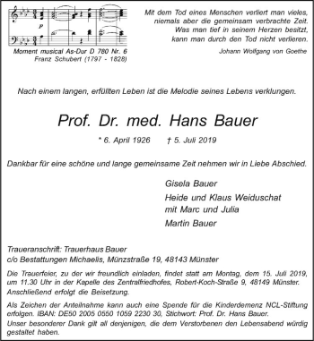 Anzeige von Hans Bauer von Westfälische Nachrichten