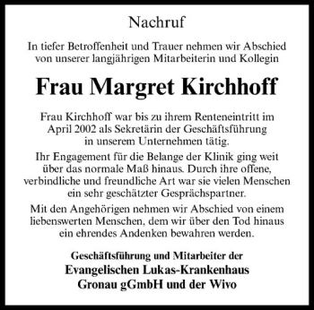 Anzeige von Margret Kirchhoff von Westfälische Nachrichten