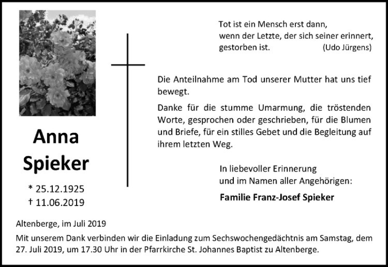  Traueranzeige für Anna Spieker vom 20.07.2019 aus Westfälische Nachrichten