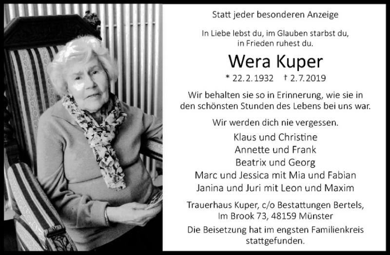  Traueranzeige für Wera Kuper vom 16.07.2019 aus Westfälische Nachrichten