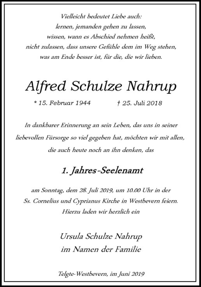  Traueranzeige für Schulze Nahrup vom 20.07.2019 aus Westfälische Nachrichten