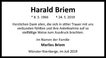 Anzeige von Harald Briem von Westfälische Nachrichten
