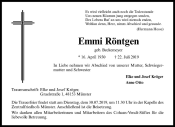 Anzeige von Emmi Röngen von Westfälische Nachrichten