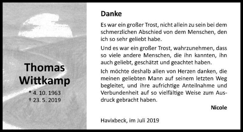  Traueranzeige für Thomas Wittkamp vom 06.07.2019 aus Westfälische Nachrichten