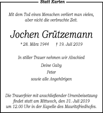 Anzeige von Jochen Grützemann von Westfälische Nachrichten